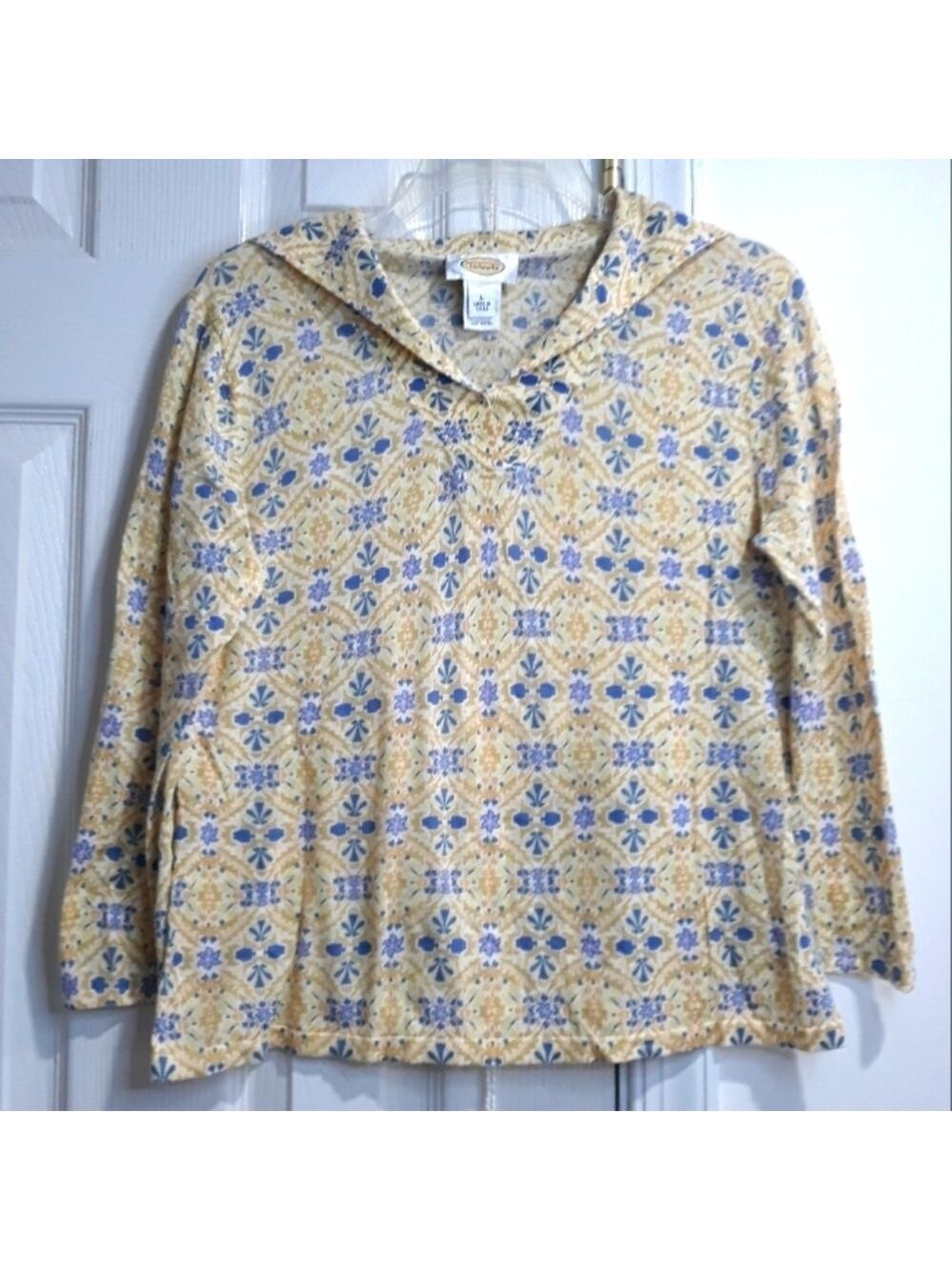 Talbots 100% Cotton 3/4 Sleeve Floral Cream Blue Collared Top Size Large